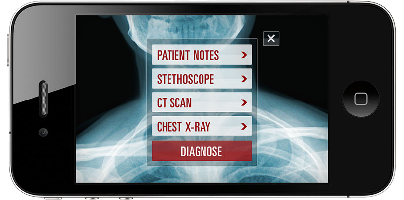 Mobile Medic diagnostic menu with patient notes, stethoscope, CT scan, chest X-ray, and diagnosis options.