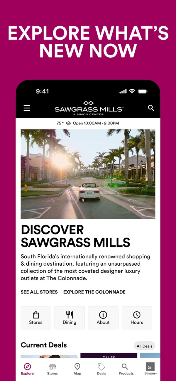 Current Simon app Explore screen for Sawgrass Mills.